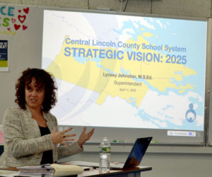 Superintendent Lynsey Johnston discusses a proposal for the district's strategic vision at the AOS 93 Board meeting on Tuesday, April 11 at Bristol Consolidated School. (Maia Zewert photo)