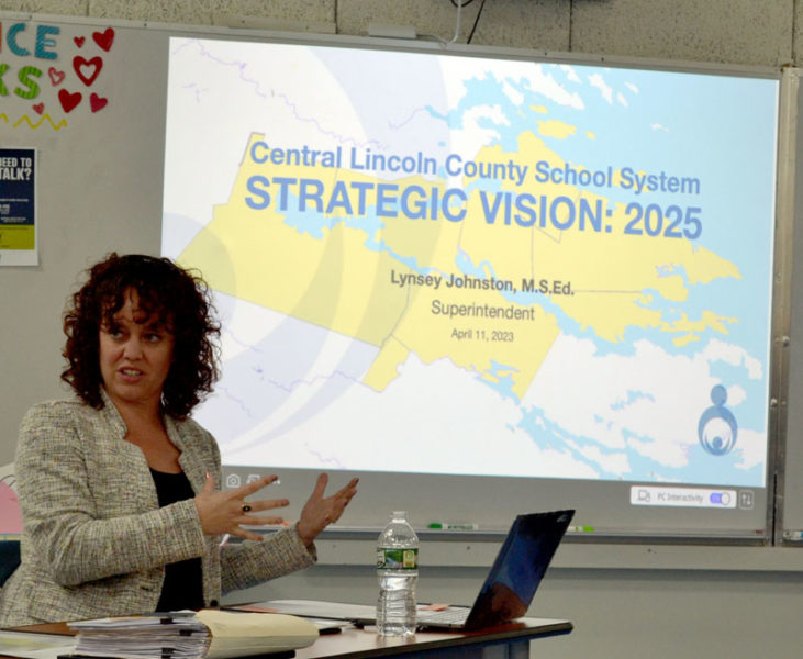 Superintendent Lynsey Johnston discusses a proposal for the district's strategic vision at the AOS 93 Board meeting on Tuesday, April 11 at Bristol Consolidated School. (Maia Zewert photo)