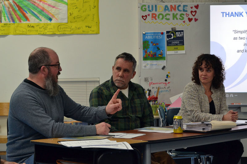 From left: Jesse Butler, Newcastle's representative on the AOS 93 Board, talks about the potential outcomes of redistricting as board Chair Matthew Hanly and Superintendent Lynsey Johnston listen during a meeting at Bristol Consolidated School on Tuesday, April 11. (Maia Zewert photo)