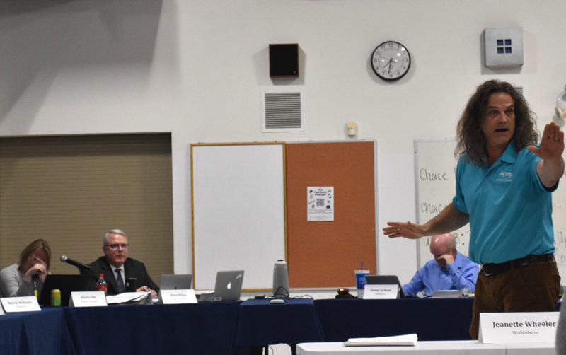 Matthew Speno, of Union, addresses the RSU 40 Board of Directors on Thursday, April 13 in support of funding the district's proposed budget fully. A reduced draft was approved after three failed motions to pass different versions of the budget. (Elizabeth Walztoni photo)