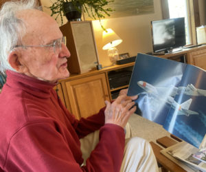 Walt Johansson discusses his time working on the North American X-15 program during an interview at his Pemaquid home Friday, May 19. During the early part of his professional career, beginning in the mid 1950s Johansson helped developed cutting edge technologies that informed the United States later exploration of outer space. (Sherwood Olin photo)