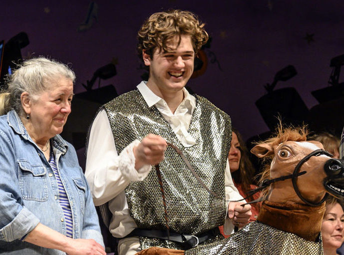 Zora Margolis and Harrison Pierpan share a chuckle while practicing a scene with Buttercup, Prince TopherÂ’s valiant steed, during a rehearsal for Â“CinderellaÂ” at Lincoln Theater in Damariscotta on Sunday, April 30. (Bisi Cameron Yee photo)