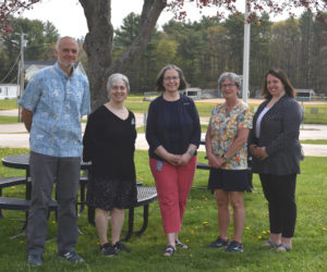 Lincoln County's 2023 Teacher of the Year Edith Berger, center, stands outside Miller Elementary School with former teachers of the year Bill Hinkley, Heather Webster (left), school Principal Julia Levensaler, and Assistant Principal Jamie White on Friday, May 12. Berger was surprised with a school assembly in her honor, featuring speeches from fellow teachers and former students and a note from author Tim Cotton. (Elizabeth Walztoni photo)