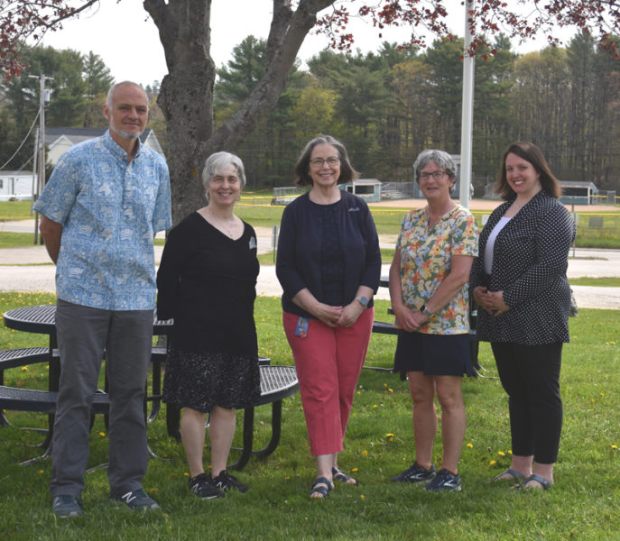 Lincoln County's 2023 Teacher of the Year Edith Berger, center, stands outside Miller Elementary School with former teachers of the year Bill Hinkley, Heather Webster (left), school Principal Julia Levensaler, and Assistant Principal Jamie White on Friday, May 12. Berger was surprised with a school assembly in her honor, featuring speeches from fellow teachers and former students and a note from author Tim Cotton. (Elizabeth Walztoni photo)