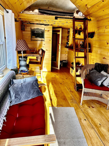 Inside of the Whitefield tiny cabin, Maybelle, a telephone ladder originally used for a telephone switchboard is 1974, is now converted into a means to climb into the spacious loft. (Courtesy photo)
