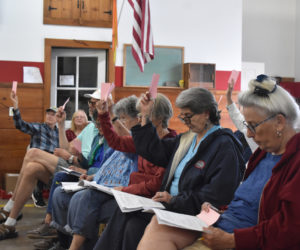 Bremen residents vote in favor of an article at their annual town meeting on Saturday, June 24. This year's warrant articles, largely budget-related, passed with minimal debate. (Elizabeth Walztoni photo)