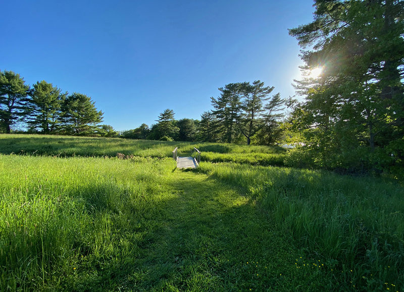 The Quartoseptcentennial 5K trail run, walk, and fun run includes part of the accessible Rhoda and Leon Cohen River Trail, as well as mown trails that circle the hayfields at Coastal Rivers Round Top Farm and Pete Noyes Preserves and Whaleback Shell Midden State Historic Site. (Photo courtesy Coastal Rivers)