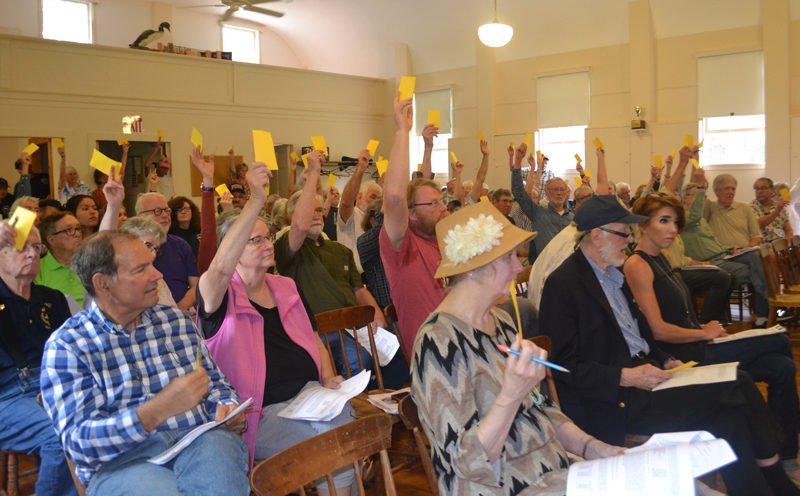 Westport Islanders raise their hands approving $100,000 to provide health care benefits to the town office staff, at their annual town meeting, June 24. (Charlotte Boynton photo)