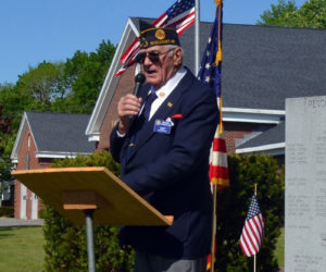 Wiscasset American Legion Commander William Cossette, addresses the group gathered at Wiscasset Veterans' Wall during the Memorial Day Observance Monday, May 29. (Charlotte Boynton photo)