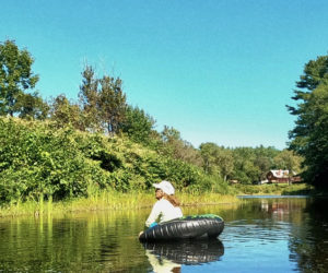 Suki Flanagan observes knotweed from her tube on the Sheepscot River. (Photo courtesy Midcoast Conservancy)