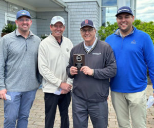 From left: Modern Woodmen team members Nate Hamlin, Chris McDonald, Paul Colasante, and Billy Colasante celebrate their first place gross win during Big Brothers Big Sisters of Mid-Maines Golf Fore Kids Sake event on May 26. (Courtesy photo)