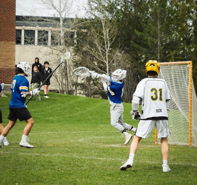 Will Farrell, in net, plays for the Maine Maritime Academy Mariners at Lyndon State College in Vermont. (Courtesy photo)