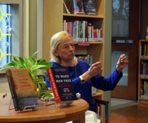 Gov. Janet Mills speaks at Skidompha Library on Sunday, July 9. Mills shared about her experience during the COVID-19 pandemic, her role in author Shannon A. Mullen's book, "In Other Words, Leadership," and more during the event. (Dylan Burmeister photo)