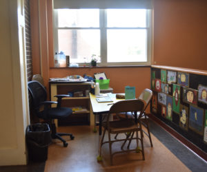 A staff member's hallway office at Miller School in Waldoboro is one of several due to lack of room for expanded educational programs. The school would stand to receive $16 million in expansion and renovation from an $81 million capital bond coming before RSU 40 voters in November. (Elizabeth Walztoni photo)