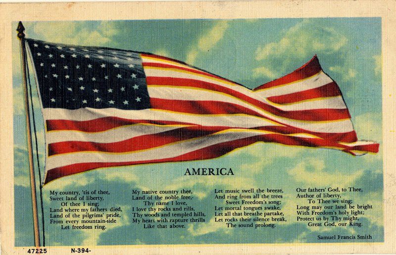 A postcard featuring the lyrics of "My Country, 'Tis of Thee, by Samuel Francis Smith (Photo courtesy Calvin Dodge)