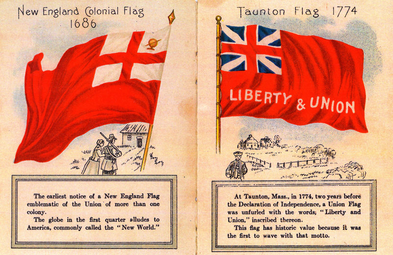 A postcard featuring the 1686 New England colonial flag and the 1774 Taunton flag (Photo courtesy Calvin Dodge)