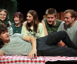Heartwood Regional Theater Co. summer camp students prepare to present hilarious "Scapino!" on Friday and Saturday, July 14-15. Front row: Nathaniel Hufnagel. Back row, from left: Finn Sullivan, Cadence Balbo Towle, Liliana Kress, Maia Clancy, Felix Cunningham, and Joseph Levesque. (Photo courtesy Heartwood Regional Theater Co.)