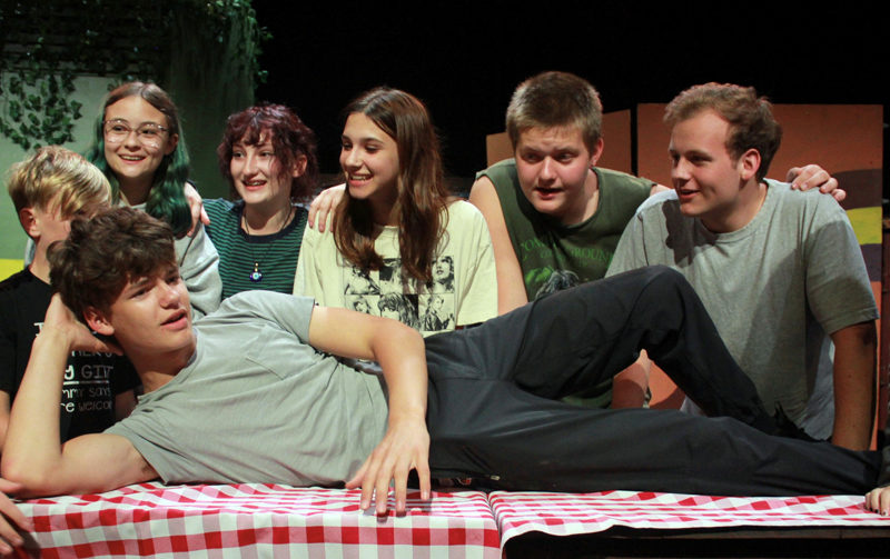 Heartwood Regional Theater Co. summer camp students prepare to present hilarious "Scapino!" on Friday and Saturday, July 14-15. Front row: Nathaniel Hufnagel. Back row, from left: Finn Sullivan, Cadence Balbo Towle, Liliana Kress, Maia Clancy, Felix Cunningham, and Joseph Levesque. (Photo courtesy Heartwood Regional Theater Co.)