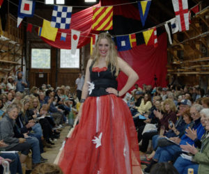 An appreciative audience clapped for Fishin for Fashion models walking the catwalk at The Shipyard in Boothbay Harbor June 17, showing off creations made from fishing industry materials and gear. (Photo courtesy LCTV)