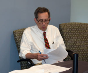 Attorney James N. Katsiaficas addresses the Alna Board of Appeals on Monday, Aug. 14. The board unanimously accepted Katsiaficas's advice, voting they did not have jurisdiction to consider an appeal of a June 8 select board decision. (Sherwood Olin photo)