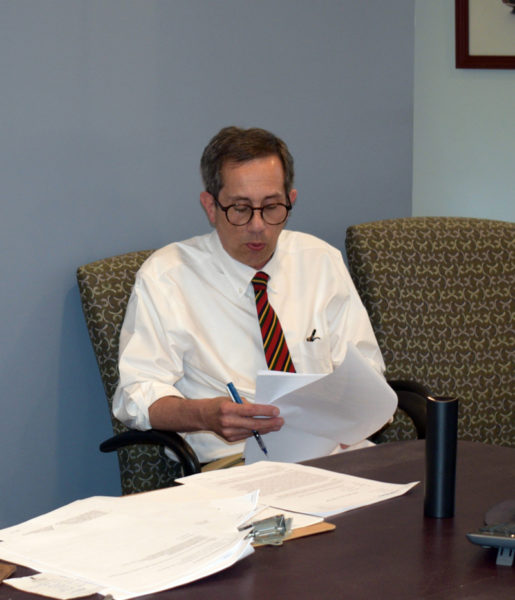 Attorney James N. Katsiaficas addresses the Alna Board of Appeals on Monday, Aug. 14. The board unanimously accepted Katsiaficas's advice, voting they did not have jurisdiction to consider an appeal of a June 8 select board decision. (Sherwood Olin photo)