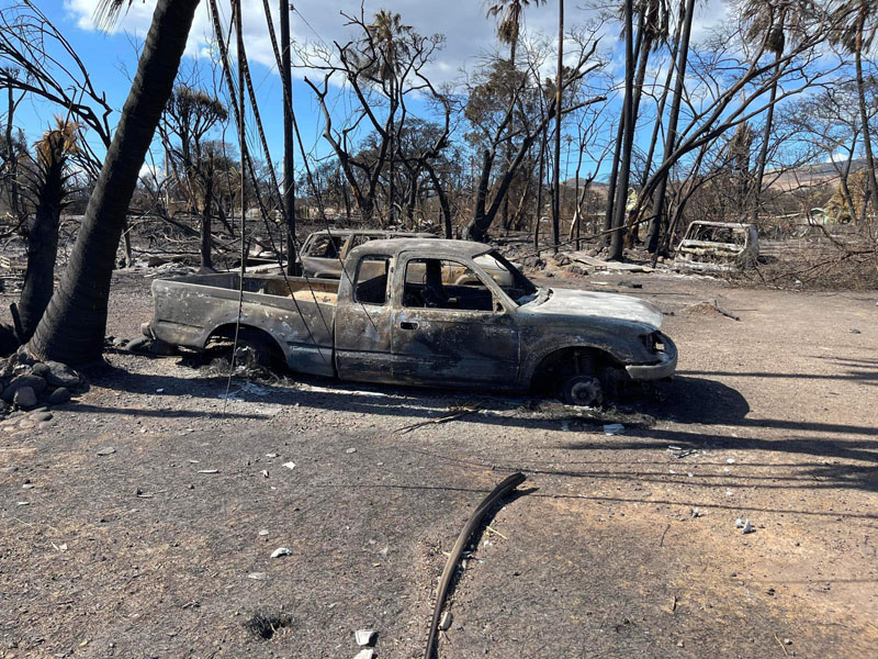 Emma Lazzari's truck sits among the destruction of the Maui wildfires in Hawaii. While Lazzari, a Damariscotta native, was not on the island at the time of the fires, most of her belongings were destroyed. (Photo courtesy Emma Lazzari)