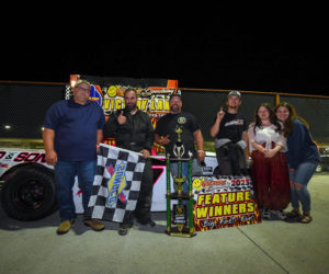 James Osmond celebrates his Ward & Sons 100 win with friends and family. (Photo courtesy Steve Girard, of SGirardPhotography)