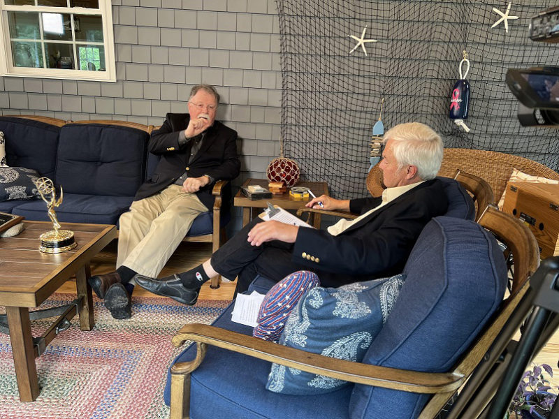 Don Carrigan (left) shares stories from his 50 years as a newsman with LCTV "Talkin Town Talk" host Larry Sidelinger. (Photo courtesy LCTV)