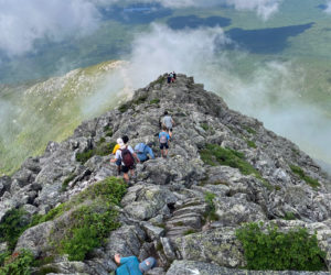 Campers descending down the Hunt Trail on Mount Katahdin in July. (Photo courtesy Kieve Associate Director Caddy Brooks)