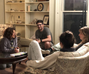 From left: Jamie Lyn Bagley, Lucas McNelly, Morgan Barnsley, and Claire Carley share a lighthearted moment between filming tense scenes of "Maine Noir" on Sunday, Sept. 10. (Sarah Masters photo)
