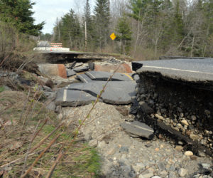 Route 235 washed out after heavy rains May 1 near the Waldoboro-Warren town line, just south of the Old Augusta Road intersection. (Paula Roberts photo, LCN file)