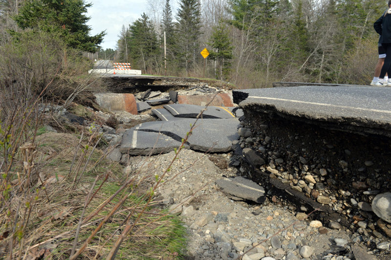 Route 235 washed out after heavy rains May 1 near the Waldoboro-Warren town line, just south of the Old Augusta Road intersection. (Paula Roberts photo, LCN file)