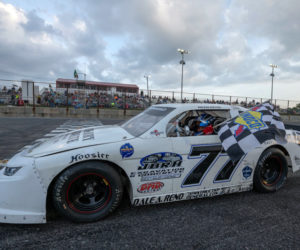 Reed Reno stops on the front stretch after picking up his first career win at Wiscasset Speedway. (Photo courtesy Steve Girard, of SGirardPhotography)