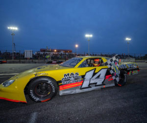 Josh St. Clair celebrates his win in the 100-lap Pro Stock Invitational. (Photo courtesy Steve Girard, of SGirardPhotography)