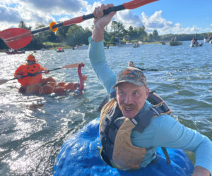 Josh Felter approaches the dock to take first place in his heat at the Damariscotta Pumpkinfest Regatta on Monday, Oct. 9. This year's Pumpkinfest was a successful celebration despite a hard growing season, according to organizers, and featured the post-pandemic return of several events. (Johnathan Riley photo)