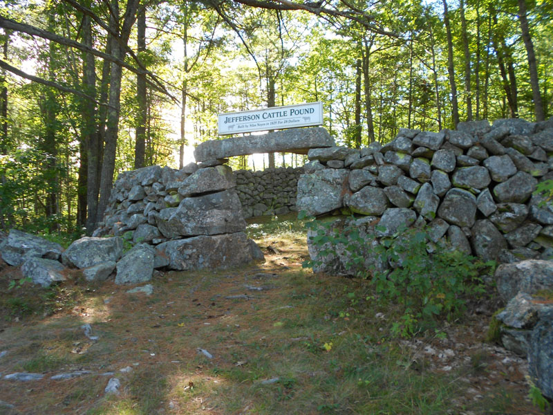 In 1829, Silas Noyes built the Jefferson Cattle Pound next to Route 126. The circular stone wall is about 6 feet high, enclosing a space about 40 feet wide on the inside. (Photo courtesy Arlene Cole)