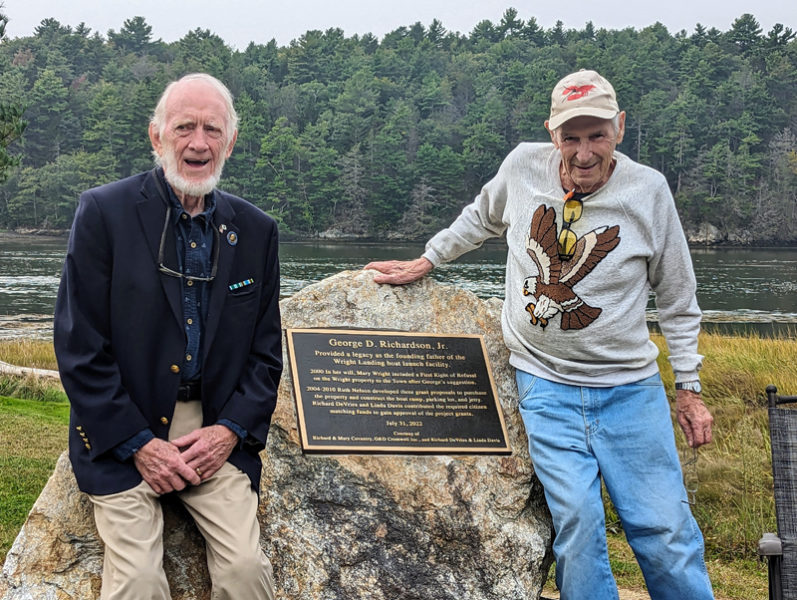 Westport Island Wright Landing Committee Chair Richard DeVries (left) poses with former Westport Island Select Board member George Richardson Jr. after a brief ceremony on Saturday, Sept. 30 recognizing the people who helped establish the landing as a town-owned waterfront property. Richardson was named a founding father of the project for his leadership role in the effort. (Photo courtesy Gaye Wagner)