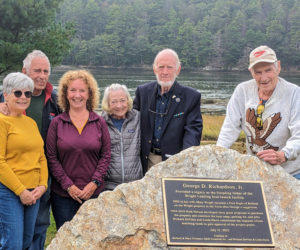 Westport Island residents gather at the Wright Landing on Saturday, Sept. 30 to unveil a plaque honoring former select board member George Richardson Jr. and Ruth and John Nelson for their work developing the project. From left: Sandy Ballard, former Wright Landing Committee Chair Art Ballard, Sheree Nelson, representing the Nelson family; Linda Davis, Wright Landing Committee Chair Richard DeVries, and George Richardson Jr. (Photo courtesy Gaye Wagner)