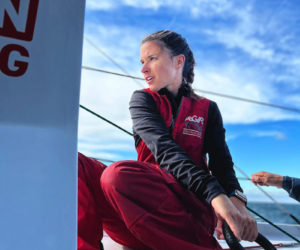 Cole Brauer tightens a line on her Class40 yacht, First Light. Brauer is sailing in the Global Solo Challenge with a goal of being the first woman to sail solo around the world. (Photo coutesy Cole Brauer)