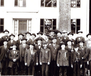 Twenty-eight veterans of the Civil War pose in front Dr. Neil Parson's house, which is now the location of Best Thai Resturant, on Main Street, Damariscotta. These Civil War soldiers belonged to the Grand Army of the Republic Harlow Dunbar Post 59. Their hall was located in Newcastle before it burned down. (Photo courtesy Calvin Dodge collection)