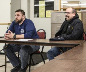 Nobleboro Fire Chief Richard Genthner (left) and Deputy Chief Matt Dixon attend a March 2022 select board meeting. The Nobleboro Select Board terminated Genthner and suspended him from the fire department on Wednesday, Nov. 8. (LCN file)