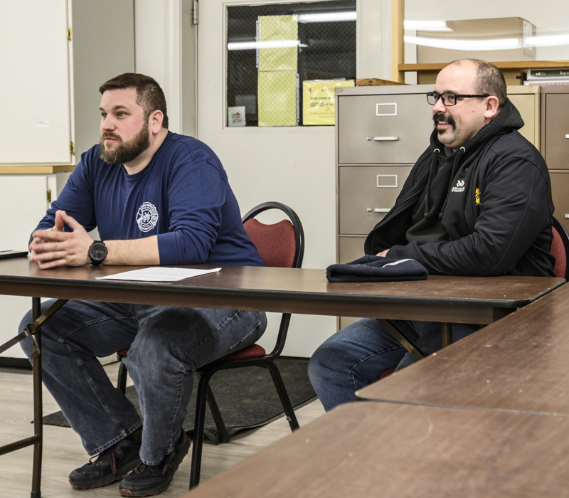 Nobleboro Fire Chief Richard Genthner (left) and Deputy Chief Matt Dixon attend a March 2022 select board meeting. The Nobleboro Select Board terminated Genthner and suspended him from the fire department on Wednesday, Nov. 8. (LCN file)