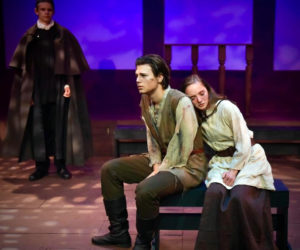 From left: Lincoln Academy students Nathaniel Hufnagel, as Judge John Hathorne; Benno Hennig, as John Proctor; and Rebecca Tomasell, as Elizabeth Proctor; perform a scene from "The Crucible." (Photo courtesy Jenny Mayer)