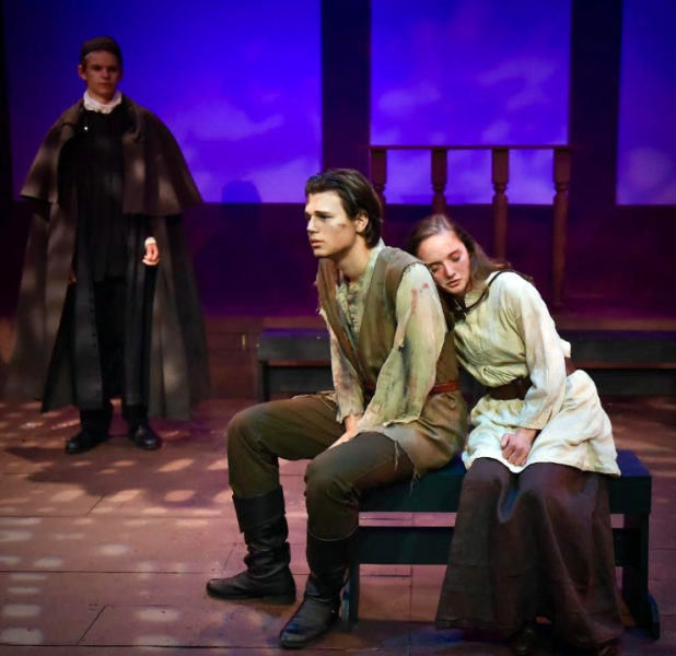 From left: Lincoln Academy students Nathaniel Hufnagel, as Judge John Hathorne; Benno Hennig, as John Proctor; and Rebecca Tomasell, as Elizabeth Proctor; perform a scene from "The Crucible." (Photo courtesy Jenny Mayer)