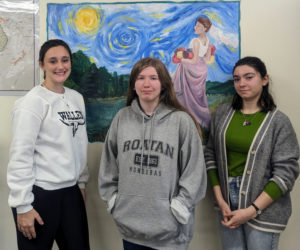 From left: Kylie Blake, Teagan Aiken, and Rioux Meinersman, the winners of the the Medomak Valley High School Writing Club's October contest. (Courtesy photo)