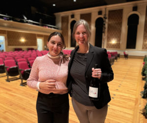 Damariscotta native and Armenian winemaker Aimee Keushguerian (left) stands with Christina Belknap, the executive director of Lincoln Theater, after the showing of the documentary Cups of Salvation, in Damariscotta. The documentary details Keushguerians efforts in reviving the Armenian wine industry. (Johnathan Riley photo)