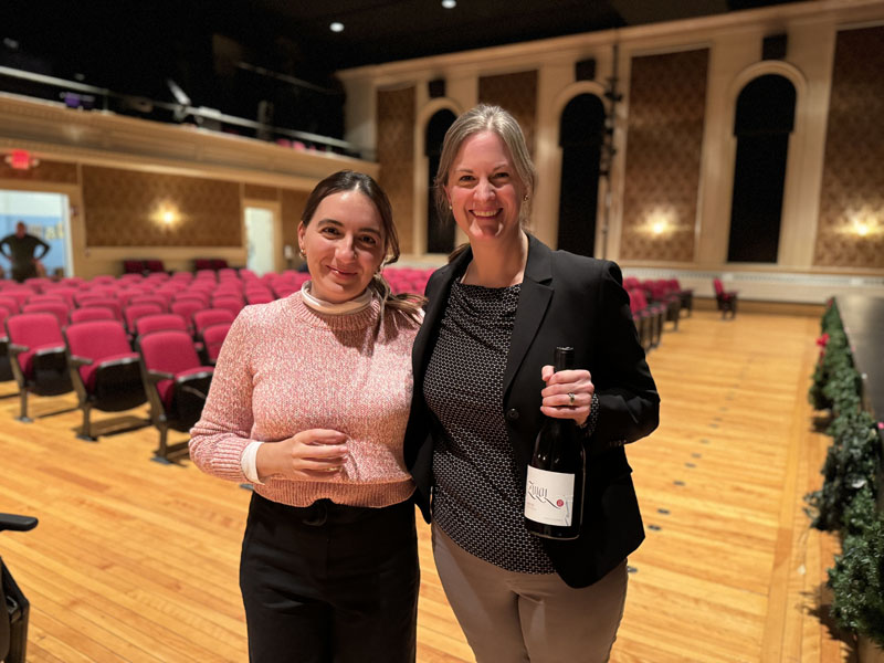 Damariscotta native and Armenian winemaker Aimee Keushguerian (left) stands with Christina Belknap, the executive director of Lincoln Theater, after the showing of the documentary Â“Cups of Salvation,Â” in Damariscotta. The documentary details KeushguerianÂ’s efforts in reviving the Armenian wine industry. (Johnathan Riley photo)