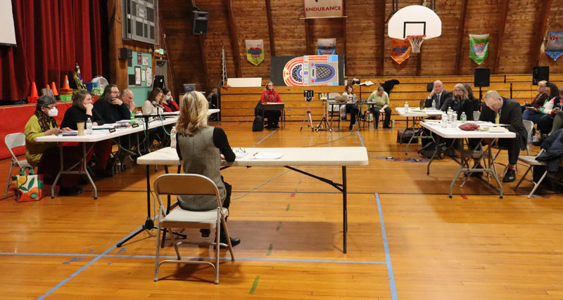 Wiscasset Middle High School Principal Gina Stevens testifies during her dismissal hearing in the Wiscasset Elementary School gym on Thursday, Dec. 21. Stevens testified for nearly three hours during the hearing. (Piper Pavelich photo)