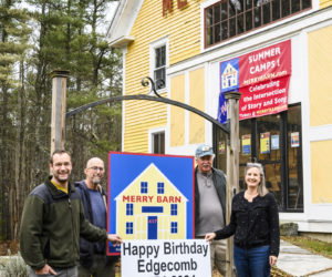 From left: Edgecomb Historical Society members Forrest Carver, Joe McSwain, and Jack Brennan stand with Stephanie McSherry, of the Merry Barn. The venue will host a Jan. 7, 2024 talk about Edgecombs history. (Photo courtesy Cameron Yee Photography)