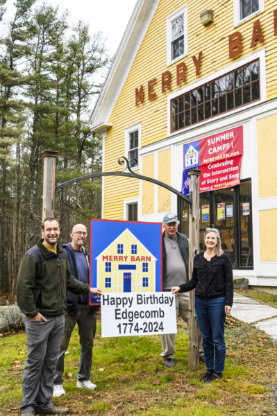 From left: Edgecomb Historical Society members Forrest Carver, Joe McSwain, and Jack Brennan stand with Stephanie McSherry, of the Merry Barn. The venue will host a Jan. 7, 2024 talk about Edgecombs history. (Photo courtesy Cameron Yee Photography)